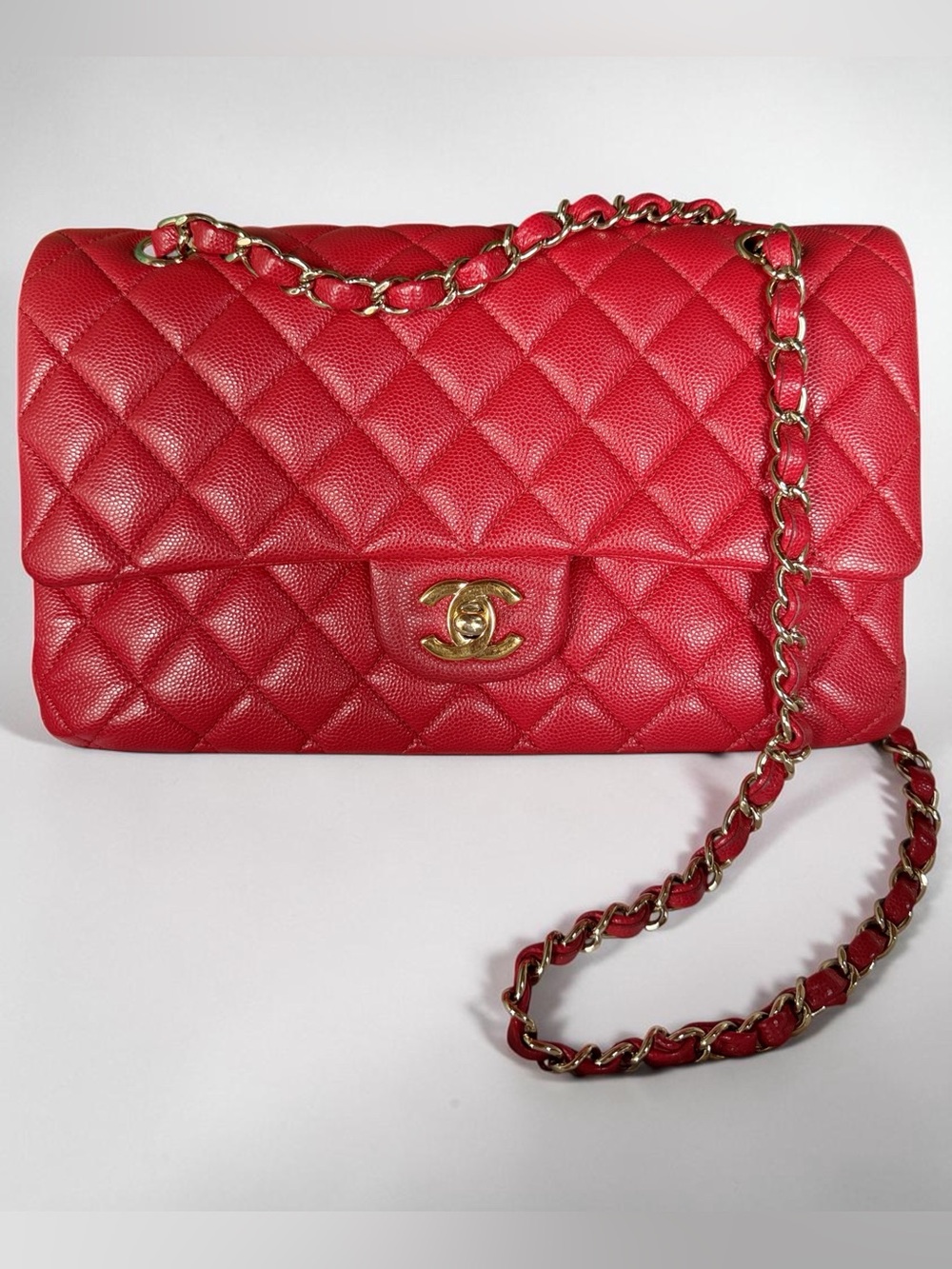CHANEL Red Caviar Medium Classic Double Flap Gold Hardware 2019